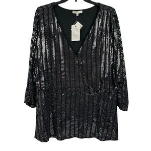 B Skies Are Blue Womens Sequin Top Mock Wrap Stretch Black Silver Shimmery 2X